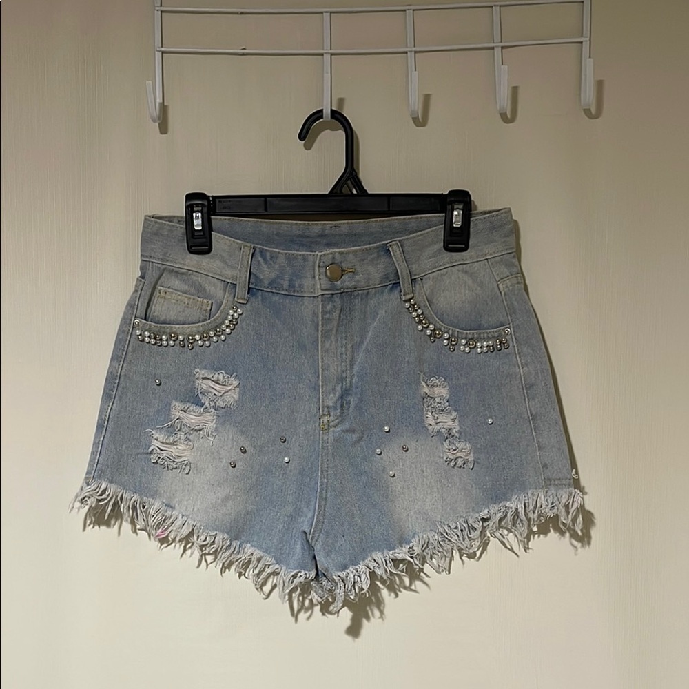 J NNA Denim Shorts with Pearl Accents Large - Picture 1 of 10